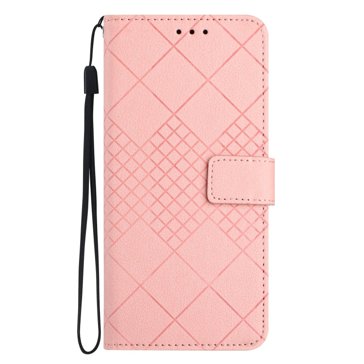 Pink leather phone case for Sony Xperia 10 IV with rhombic grid texture, showcasing its stylish design and functionality.