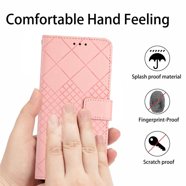 Pink leather phone case for Sony Xperia 10 IV with rhombic grid texture, showcasing its stylish design and functionality.