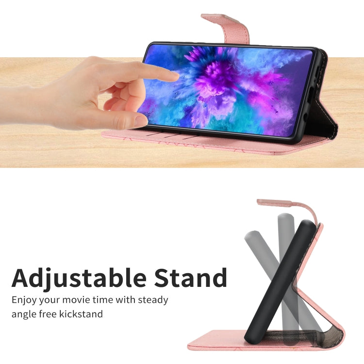 Pink leather phone case for Sony Xperia 10 IV with rhombic grid texture, showcasing its stylish design and functionality.