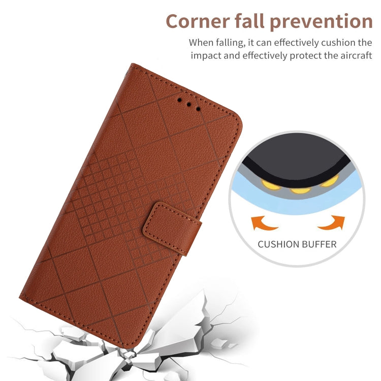 Brown leather phone case for Sony Xperia 10 IV with rhombic grid texture, showcasing its stylish design and protective features.