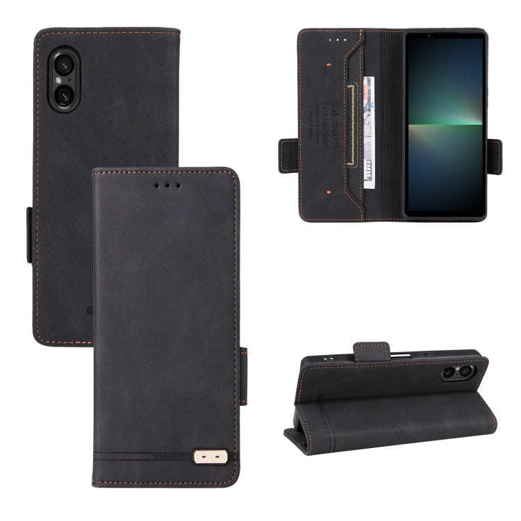 Black magnetic clasp leather phone case for Sony Xperia 5 V, showcasing its elegant design and functional features.