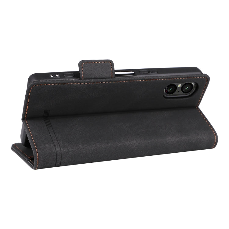 Black magnetic clasp leather phone case for Sony Xperia 5 V, showcasing its elegant design and functional features.
