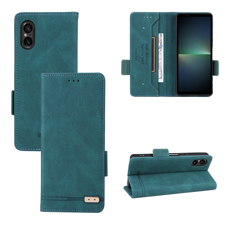 Green magnetic clasp leather phone case for Sony Xperia 5 V, showcasing its sleek design and functional features.