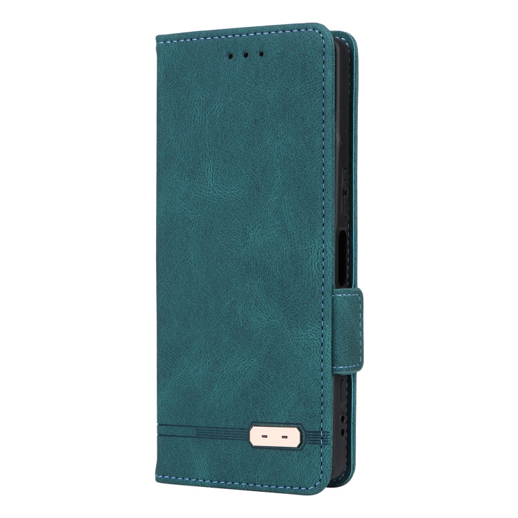 Green magnetic clasp leather phone case for Sony Xperia 5 V, showcasing its sleek design and functional features.