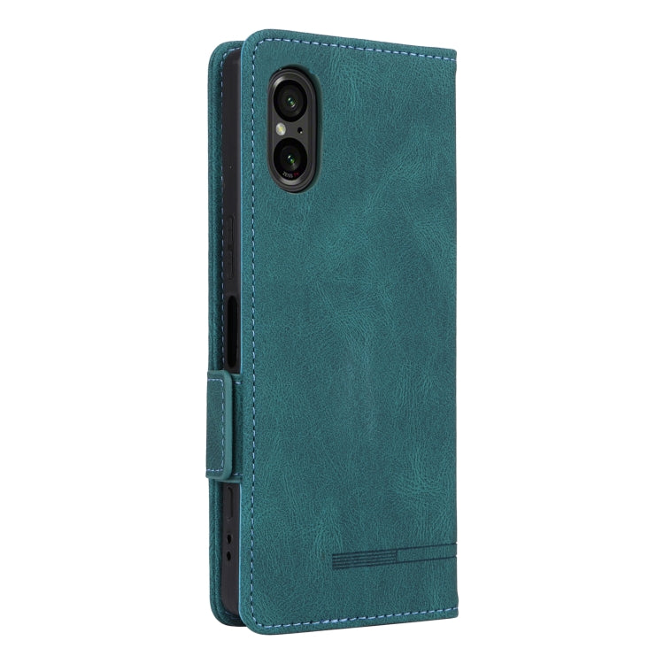 Green magnetic clasp leather phone case for Sony Xperia 5 V, showcasing its sleek design and functional features.
