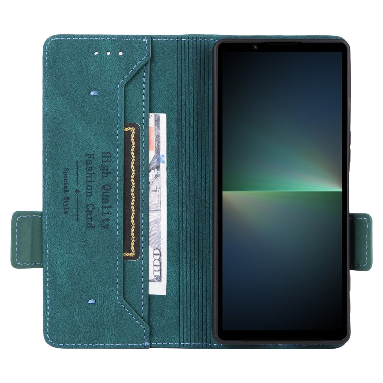 Green magnetic clasp leather phone case for Sony Xperia 5 V, showcasing its sleek design and functional features.