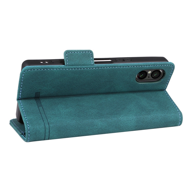 Green magnetic clasp leather phone case for Sony Xperia 5 V, showcasing its sleek design and functional features.