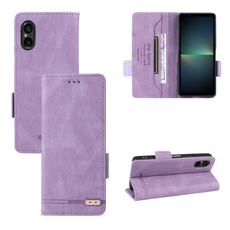 Purple magnetic clasp leather phone case for Sony Xperia 5 V, showcasing its sleek design and functional features.