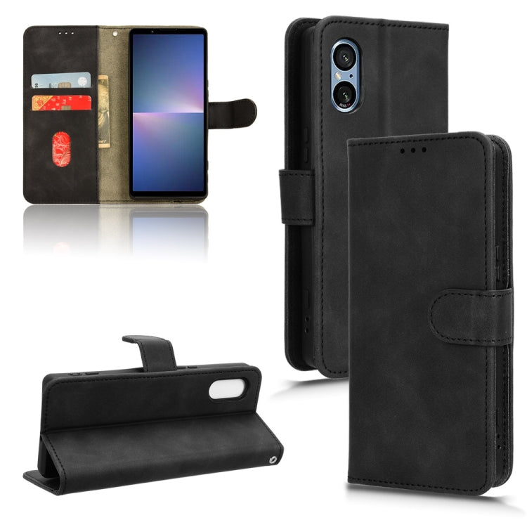 For Sony Xperia 5 V 2023 magnetic flip leather phone case in black, showcasing its sleek design and card slots.