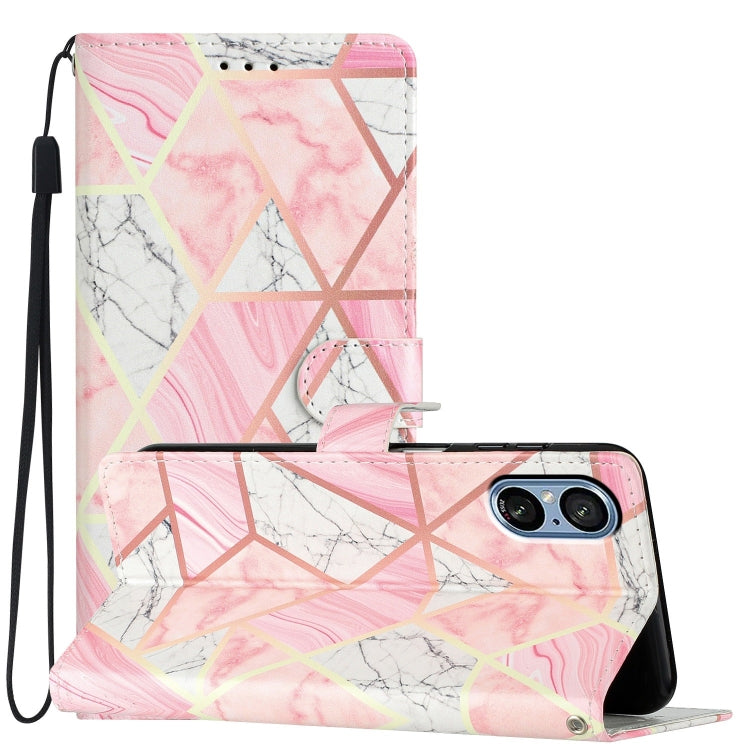 Pink Marble Leather Phone Case for Sony Xperia 5 V, showcasing its stylish design and functional features.