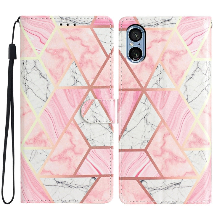 Pink Marble Leather Phone Case for Sony Xperia 5 V, showcasing its stylish design and functional features.