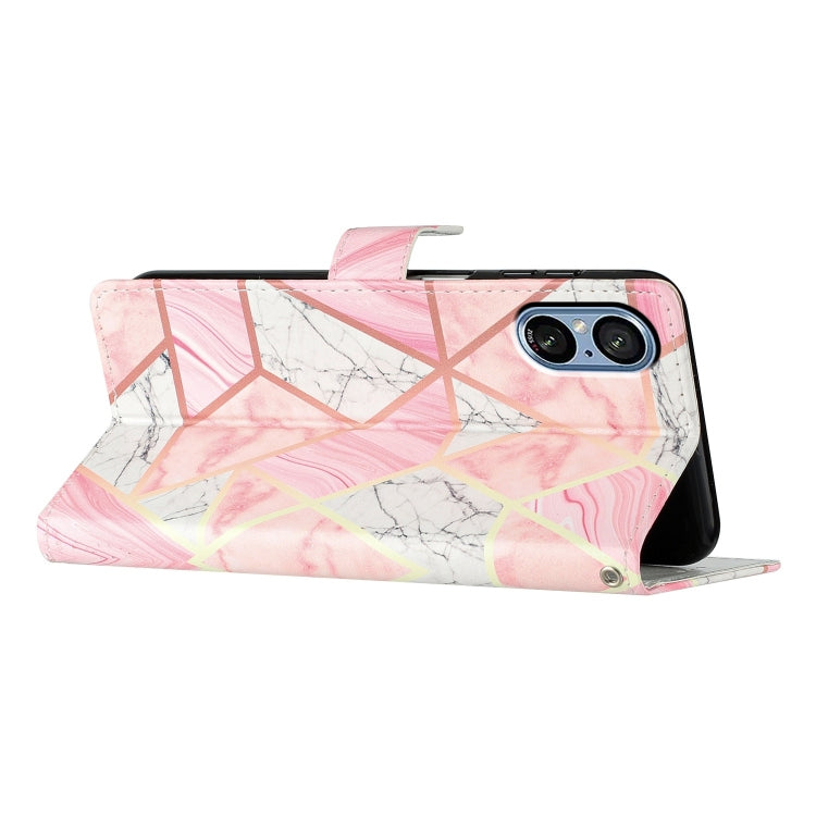 Pink Marble Leather Phone Case for Sony Xperia 5 V, showcasing its stylish design and functional features.