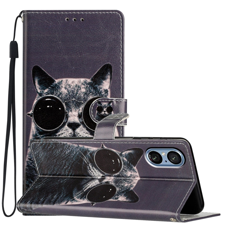 Colored Drawing Leather Phone Case for Sony Xperia 5 V featuring a cute sunglasses cat design, showcasing durability and style.