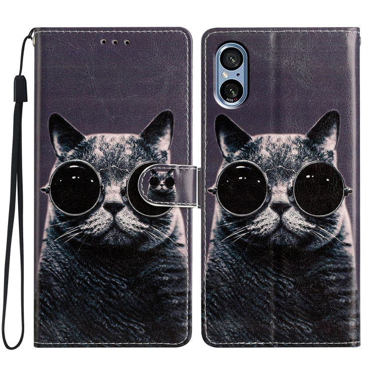 Colored Drawing Leather Phone Case for Sony Xperia 5 V featuring a cute sunglasses cat design, showcasing durability and style.