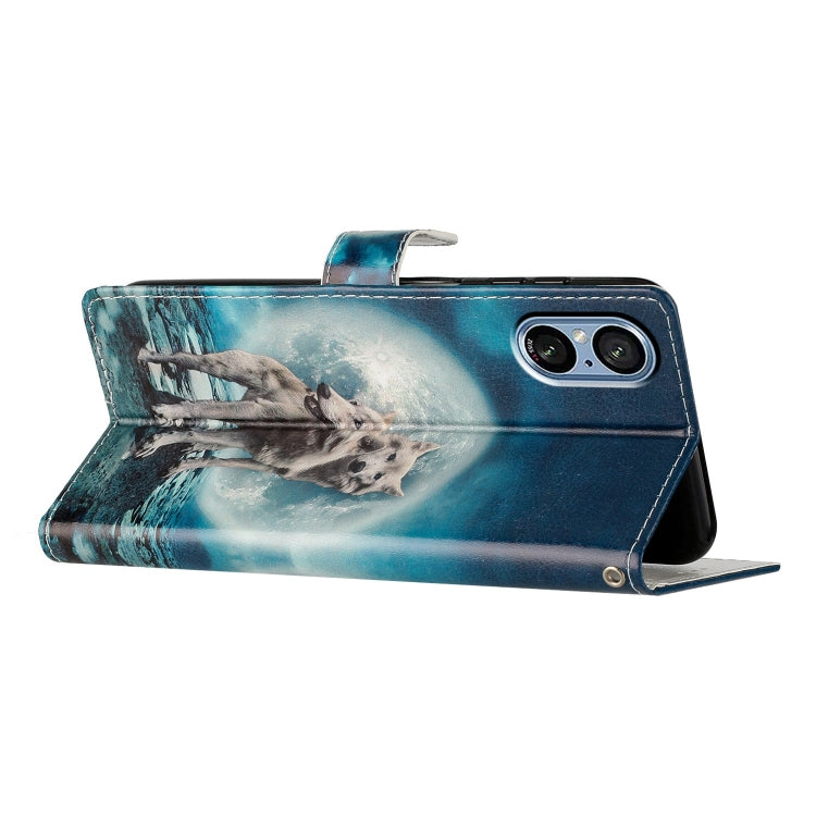 Colored drawing leather phone case for Sony Xperia 5 V featuring Twin Wolves design, showcasing durability and stylish protection.
