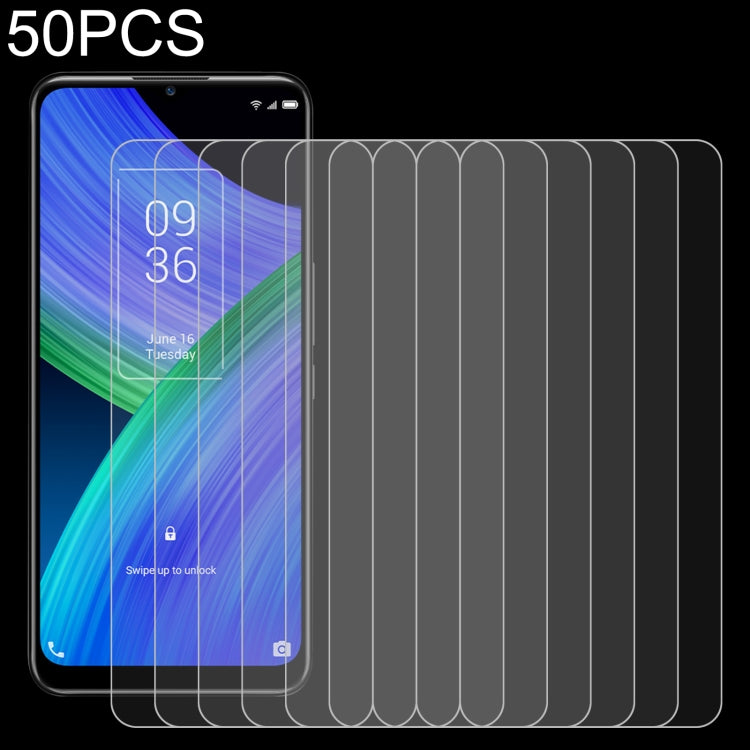 50 PCS 0.26mm 9H 2.5D Tempered Glass Film for TCL 20 R 5G and 20Y, showcasing its protective features and sleek design.