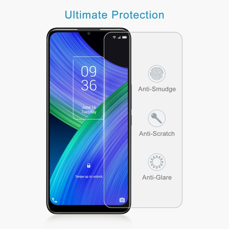 50 PCS 0.26mm 9H 2.5D Tempered Glass Film for TCL 20 R 5G and 20Y, showcasing its protective features and sleek design.