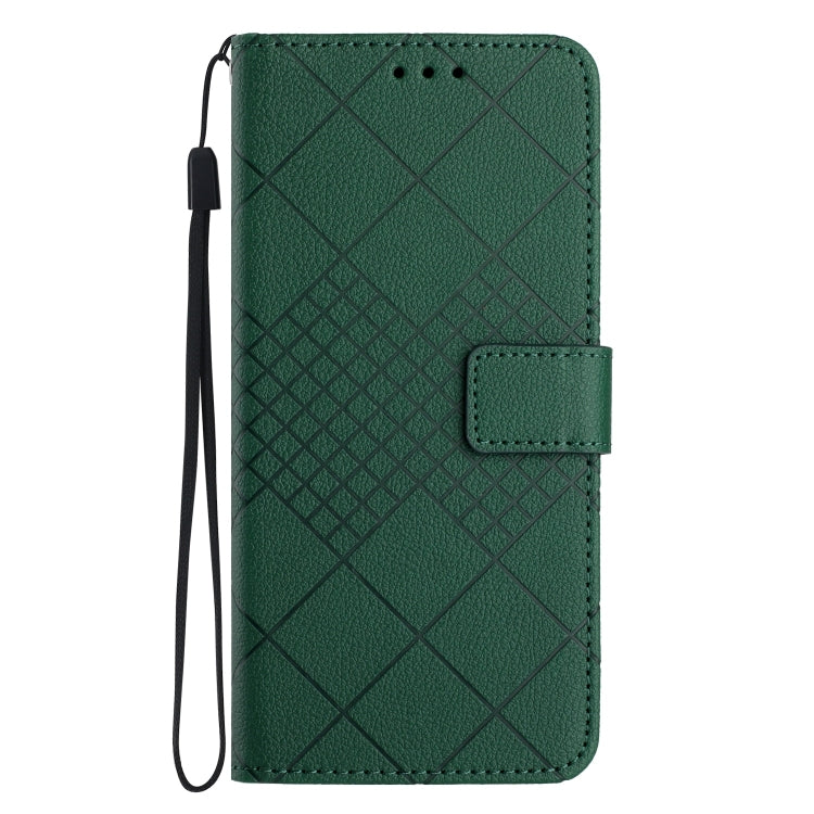 Rhombic grid texture leather phone case for TCL 30 SE, 30E, 306, and 305, showcasing its stylish design and card slots.