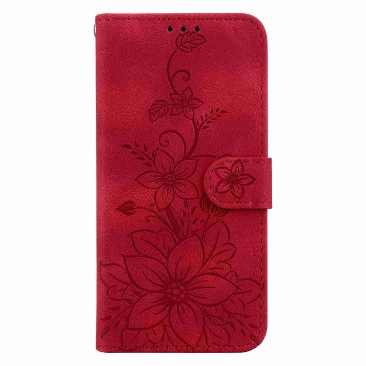Red embossed leather phone case for Tecno Pova 5 Pro, showcasing its stylish design and card slots.