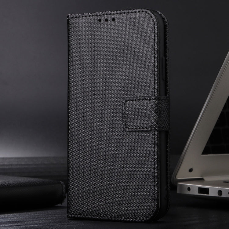 Black diamond texture leather phone case for Tecno Spark 20 Pro, showcasing its sleek design and functional features.