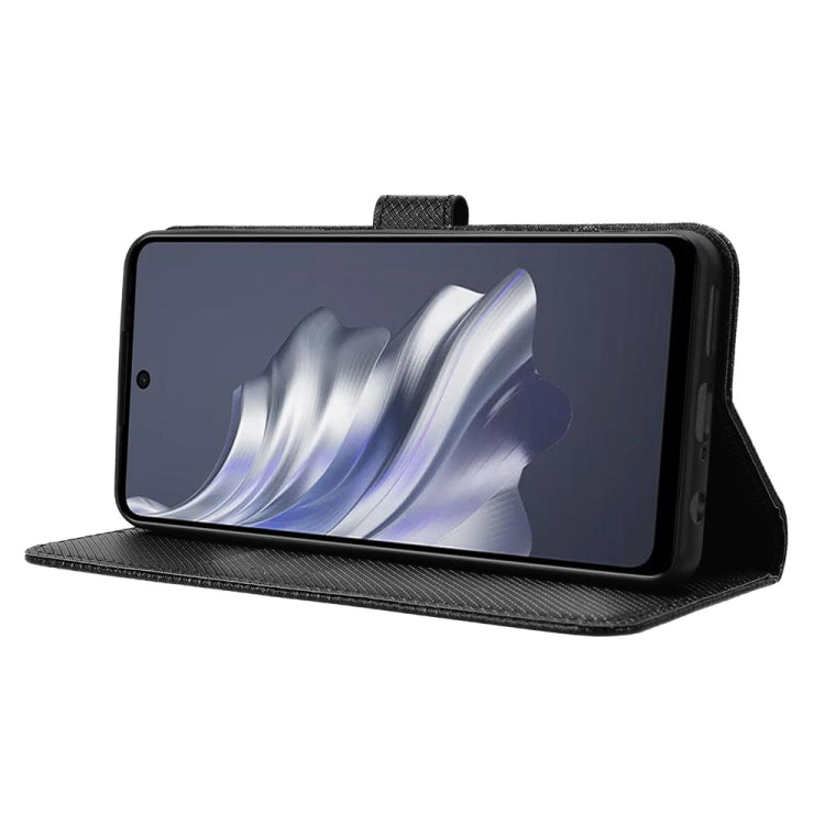 Black diamond texture leather phone case for Tecno Spark 20 Pro, showcasing its sleek design and functional features.