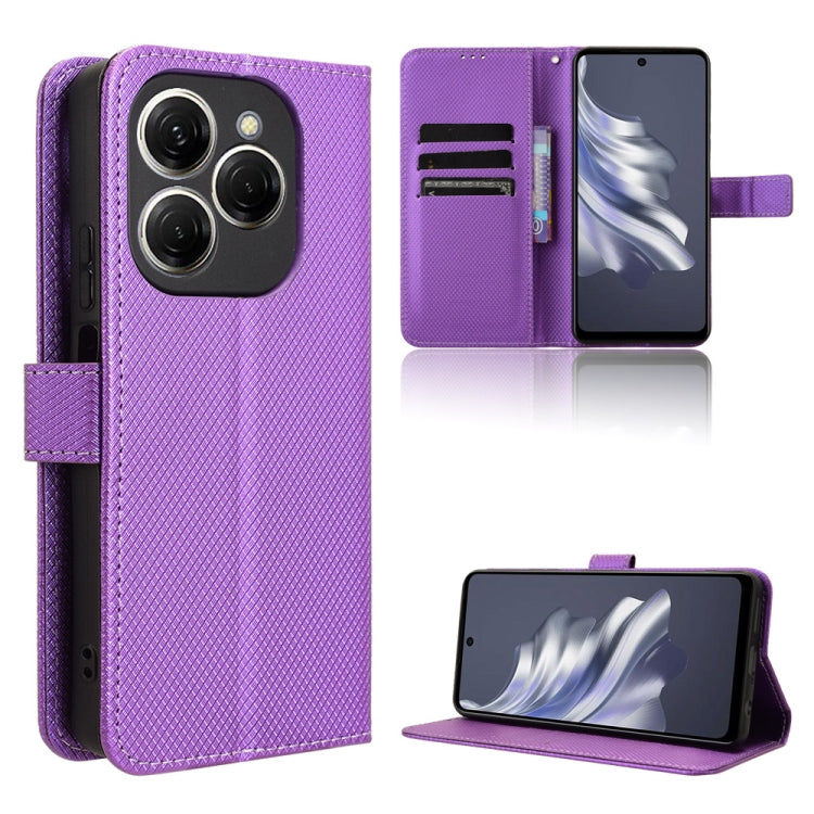 Purple diamond texture leather phone case for Tecno Spark 20 Pro, showcasing its stylish design and protective features.