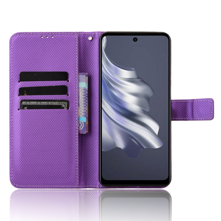 Purple diamond texture leather phone case for Tecno Spark 20 Pro, showcasing its stylish design and protective features.