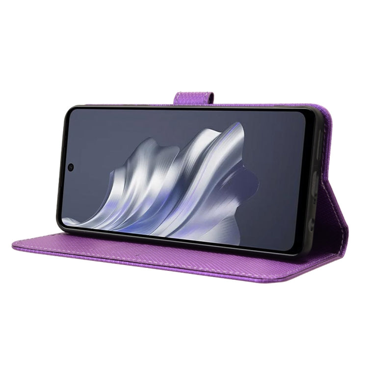 Purple diamond texture leather phone case for Tecno Spark 20 Pro, showcasing its stylish design and protective features.