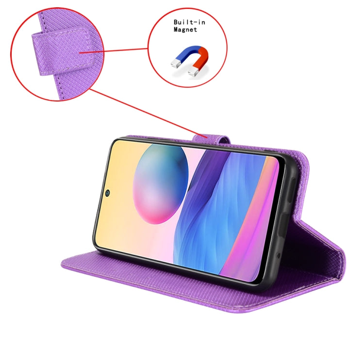 Purple diamond texture leather phone case for Tecno Spark 20 Pro, showcasing its stylish design and protective features.