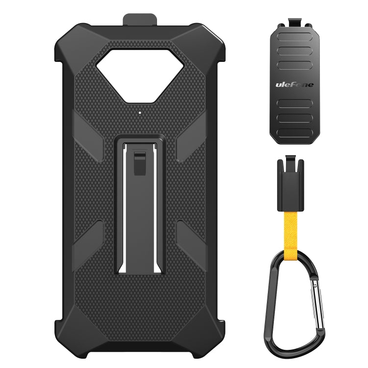 Ulefone Armor X13 Back Clip Phone Case made of TPU and PC material, featuring a back clip and carabiner for easy attachment.