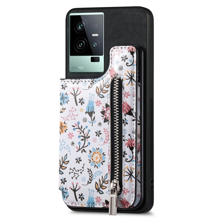 Black Retro Painted Zipper Wallet Back Phone Case for Vivo iQOO 11 5G, showcasing its stylish design and functional features.