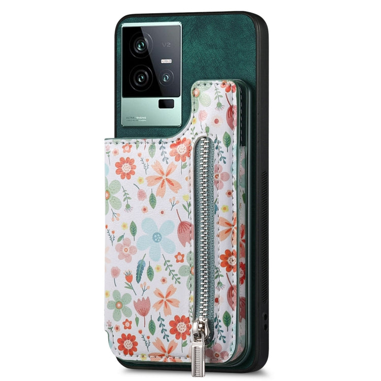 Green Retro Painted Zipper Wallet Back Phone Case for Vivo iQOO 11 5G, showcasing its stylish design and functional features.