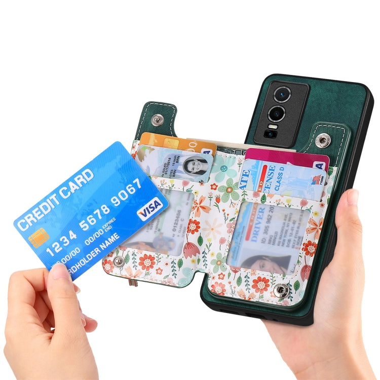 Green Retro Painted Zipper Wallet Back Phone Case for Vivo iQOO 11 5G, showcasing its stylish design and functional features.
