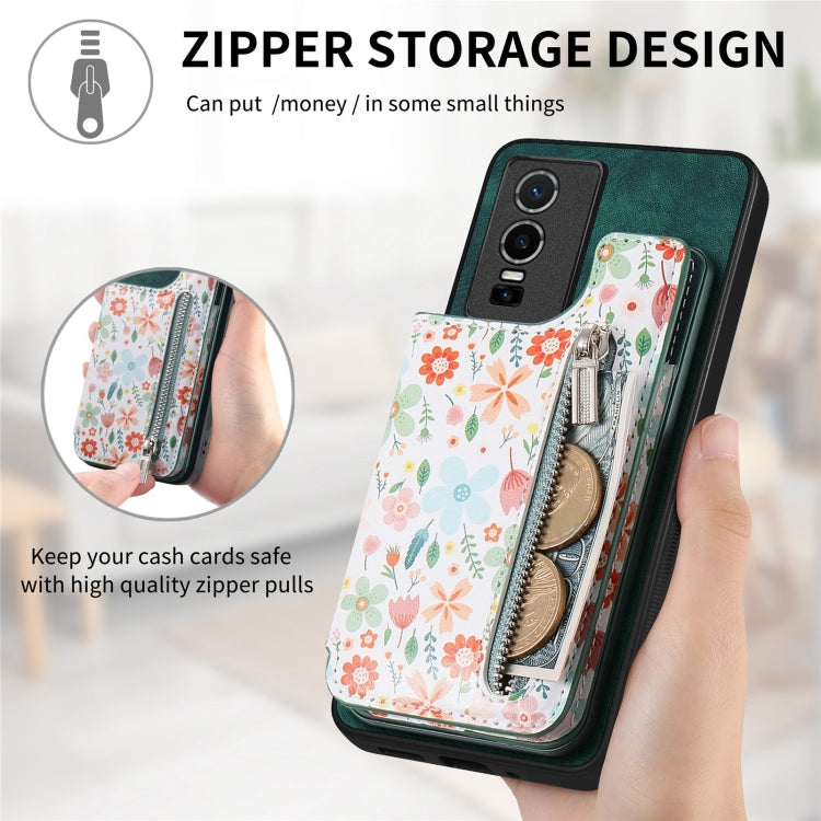 Green Retro Painted Zipper Wallet Back Phone Case for Vivo iQOO 11 5G, showcasing its stylish design and functional features.