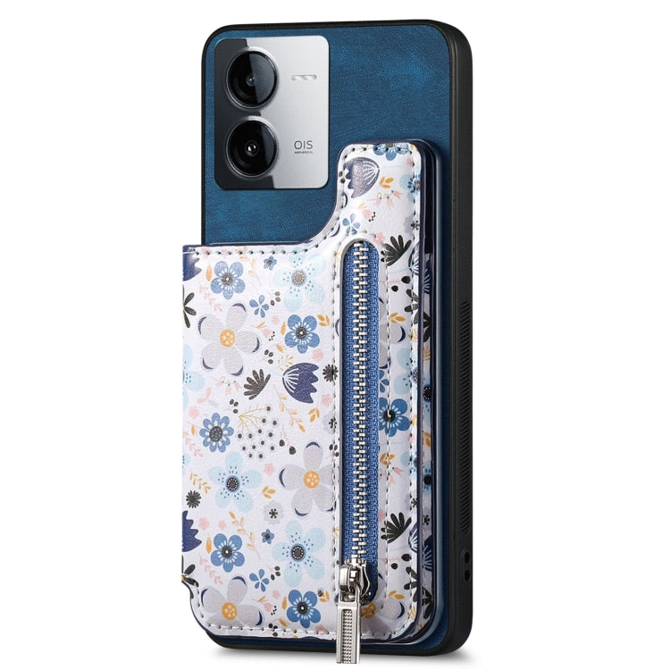 Blue retro painted zipper wallet case for Vivo iQOO Z8, showcasing its stylish design and functional features.