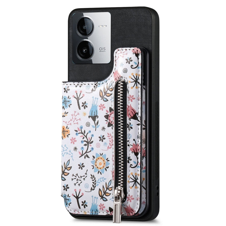 Black Retro Painted Zipper Wallet Back Phone Case for Vivo iQOO Z8X, showcasing its stylish design and functional features.