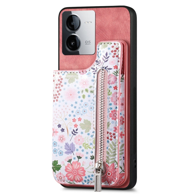 Pink retro painted zipper wallet case for Vivo iQOO Z8X, showcasing card slots and kickstand feature.