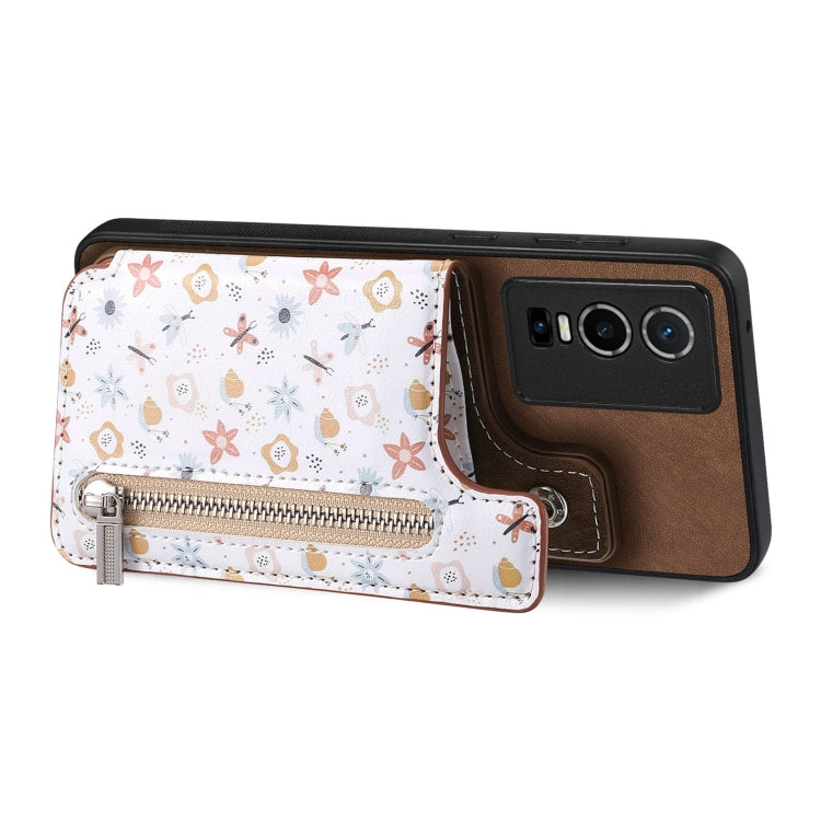 For Vivo S16e/V27e Retro Painted Zipper Wallet Case in stylish design, showcasing card slots and kickstand feature.
