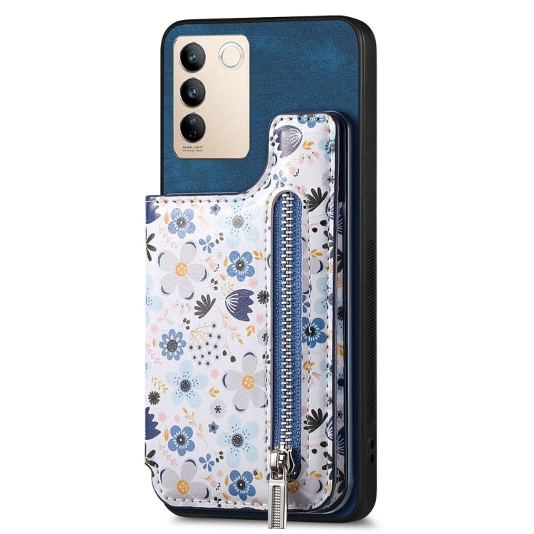 Blue retro painted zipper wallet case for Vivo S16e and V27e, showcasing its stylish design and functional features.