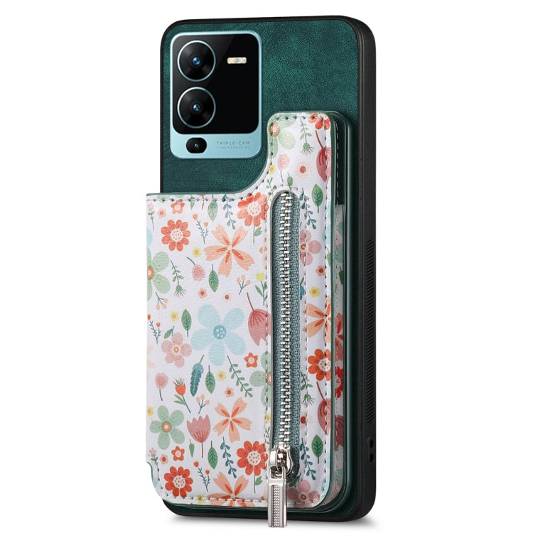 Green retro painted zipper wallet case for Vivo V25 Pro, showcasing its stylish design and functional features.