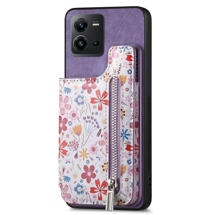 Purple retro painted zipper wallet case for Vivo V25, showcasing card slots and kickstand feature.