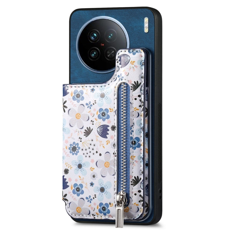 Blue retro painted zipper wallet case for Vivo X90, showcasing card slots and kickstand feature.