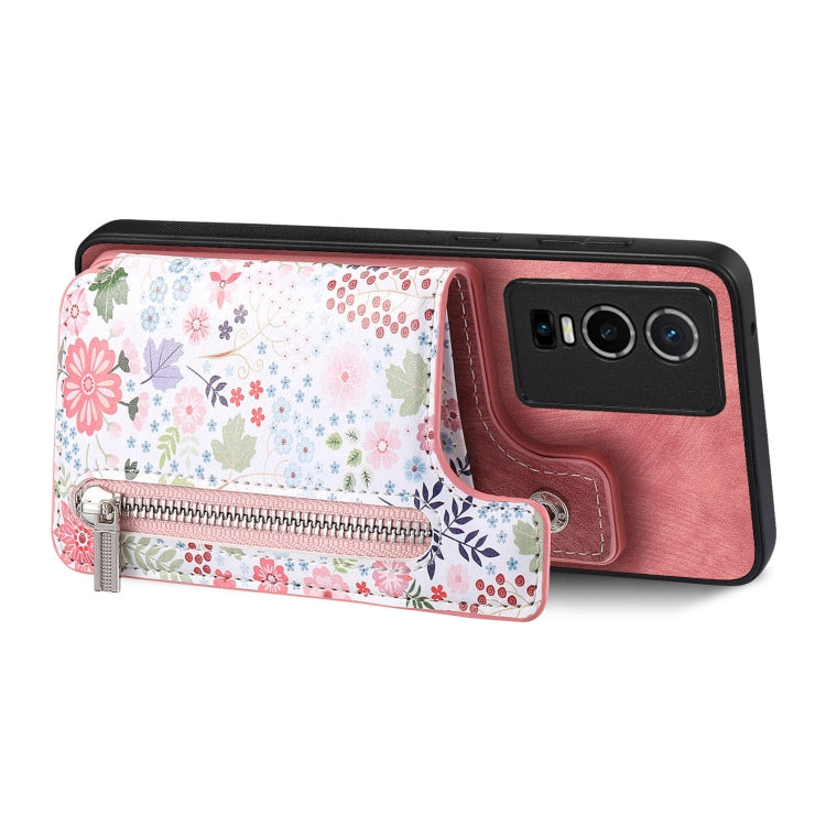 Pink retro painted zipper wallet case for Vivo Y02, showcasing card slots and kickstand feature.