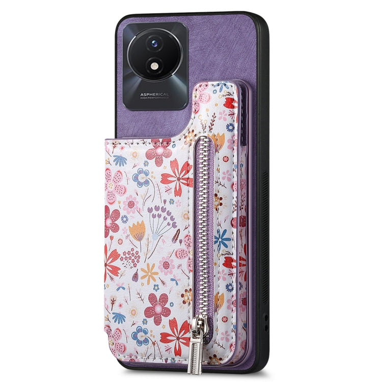 Purple retro painted zipper wallet case for Vivo Y02, showcasing card slots and kickstand feature.