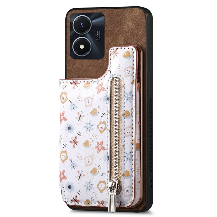 Brown retro painted zipper wallet back phone case for Vivo Y02s, showcasing its stylish design and card slots.