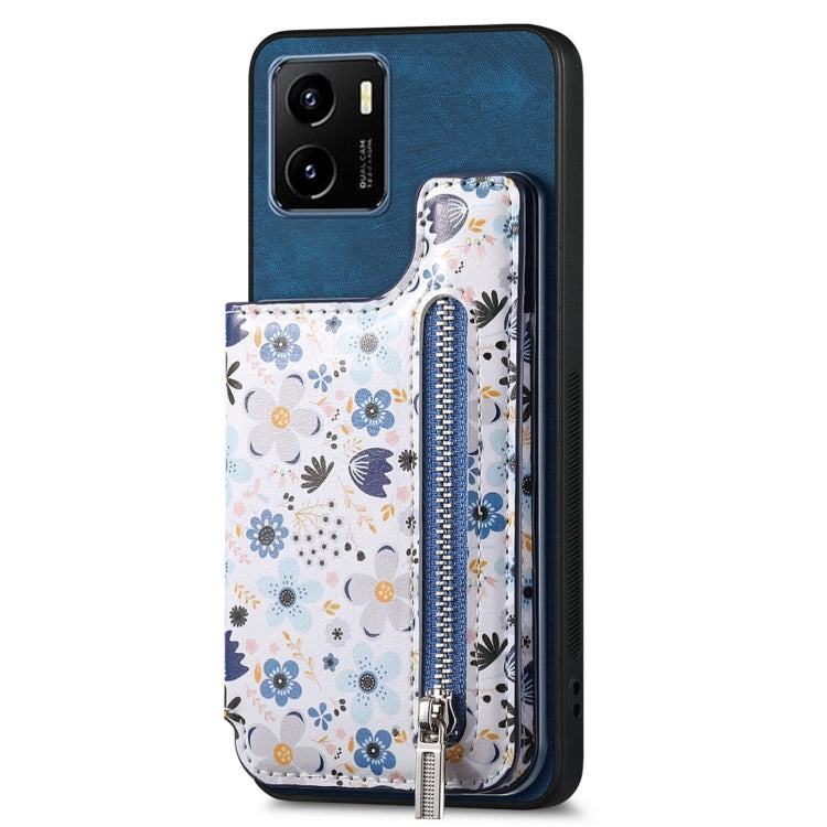 Blue retro painted zipper wallet case for Vivo Y15S, showcasing its stylish design and functional features.