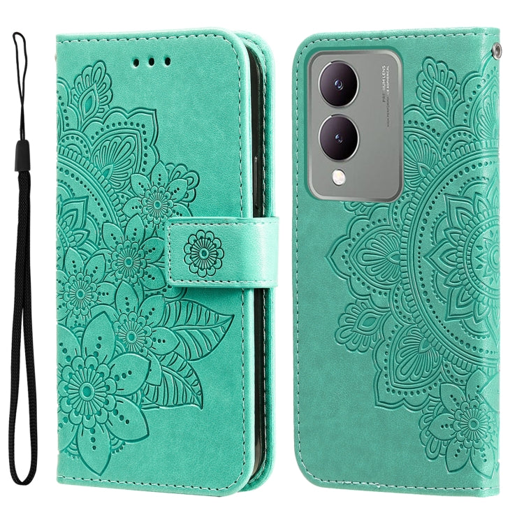 Green leather phone case for Vivo Y17s with 7-petal flower embossing design, showcasing its stylish and protective features.