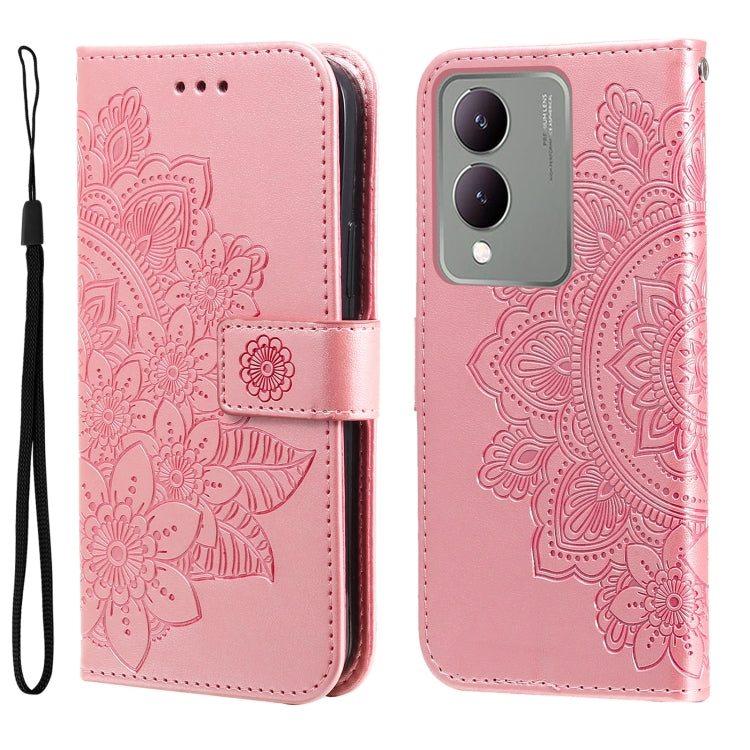Rose gold leather phone case for Vivo Y17s with 7-petal flower embossing, showcasing its stylish design and functionality.