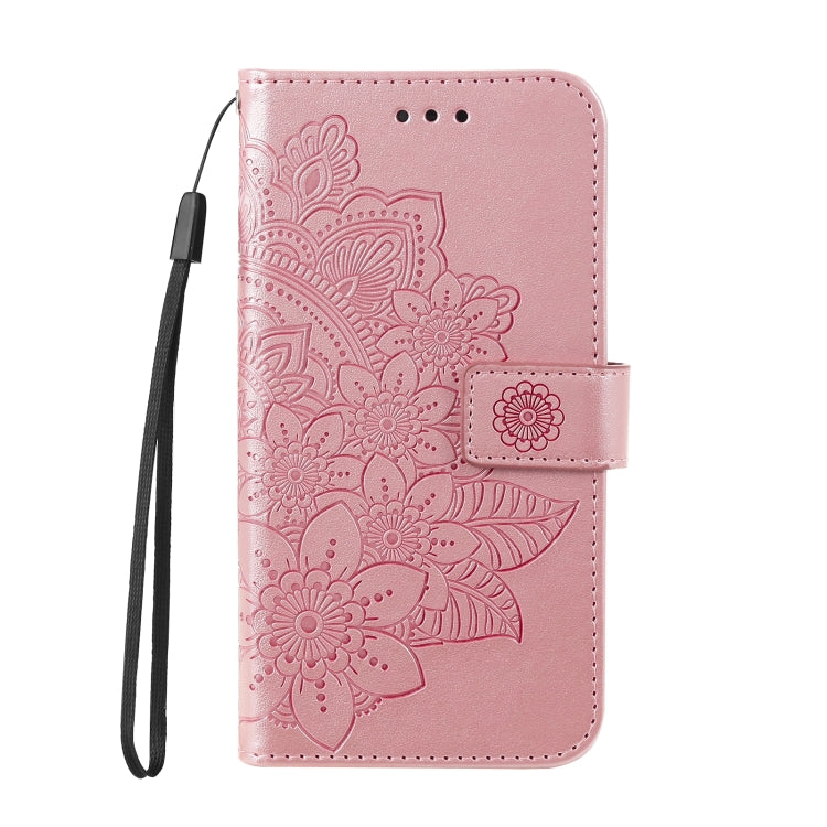 Rose gold leather phone case for Vivo Y17s with 7-petal flower embossing, showcasing its stylish design and functionality.