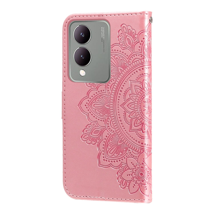 Rose gold leather phone case for Vivo Y17s with 7-petal flower embossing, showcasing its stylish design and functionality.